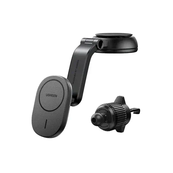 UGREEN 15120 CD345 15W Qi Magnetic Car Mount Wireless Charger in matte black showing its circular magnetic pad head assembly, adjustable telescopic suction arm, and separate air vent clip accessory attachment on a clean white background