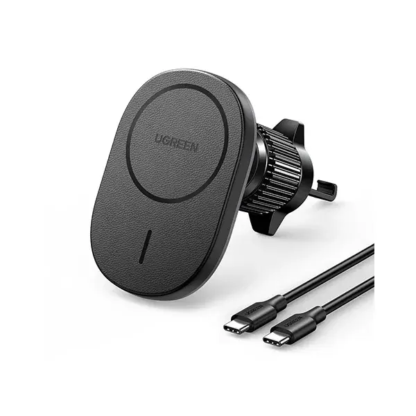UGREEN 25925 Magnetic Wireless Car Charger Mount in matte black showing its circular magnetic charging pad head assembly and integrated mounting attachment on a clean white background