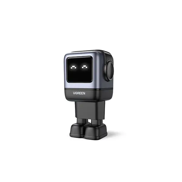 CD361-X-600x600 UGREEN 25685B Nexode RG 65W 3-Port GaN Fast Charger EU Black showing its matte black and deep grey robot figurine layout, animated pixel LED screen face, and top multi-ports on a clean white background