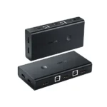 UGREEN 50744 CM200 2-port HDMI KVM switch, showing cable connections for two computers to a single monitor and multiple USB peripherals
