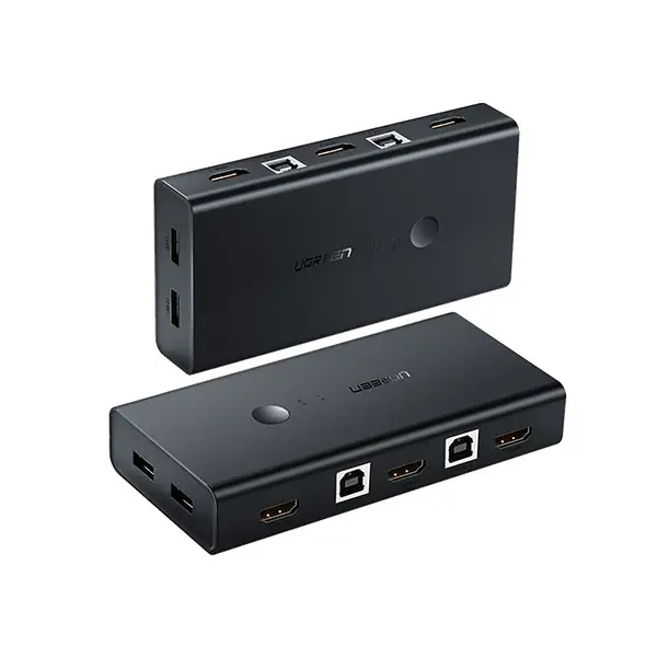 UGREEN 50744 CM200 2-port HDMI KVM switch, showing cable connections for two computers to a single monitor and multiple USB peripherals