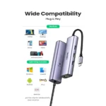 UGREEN 60600 USB-C Hub premium high capacity heavy duty 4-in-1 portable 1000Mbps network fast charging laptop docking station block showing clean Space Gray aluminum minimalist housing body layout with side terminal input port slots and attached braided type-c cord wire view]