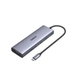 UGREEN 15600 USB-C Hub premium high capacity heavy duty 9-in-1 portable 4K HDMI VGA fast charging laptop docking station block showing clean Space Gray aluminum minimalist housing body layout with dual-sided terminal input port slots and attached type-c cord wire view]