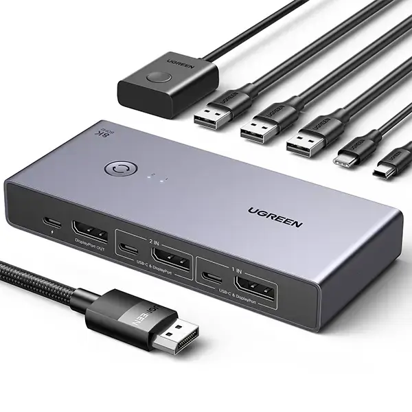 UGREEN 25962 8K DisplayPort 1.4 KVM switch featuring 2 inputs, 1 output, and multiple USB 3.0 ports for professional multi-PC setups