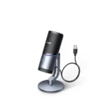 UGREEN 35629 Desktop USB Microphone CM769 showing a premium matte gray finish, illuminated dynamic multi-color RGB mesh grid, central step-less adjustment gain dial, heavy circular stand, and top capacitive mute button map