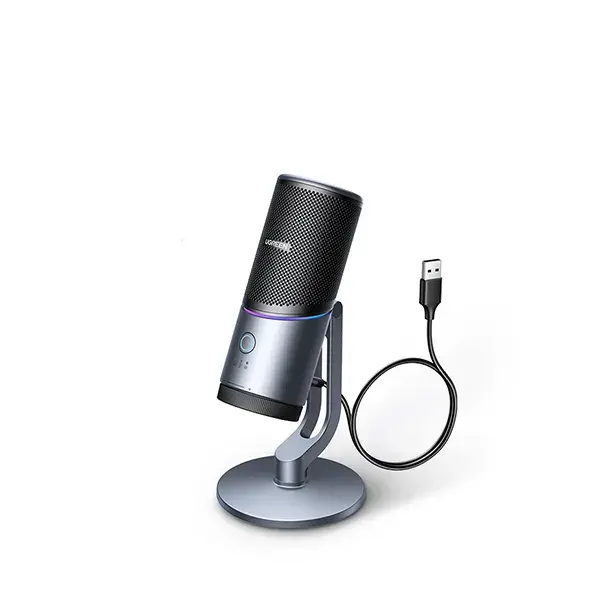 UGREEN 35629 Desktop USB Microphone CM769 showing a premium matte gray finish, illuminated dynamic multi-color RGB mesh grid, central step-less adjustment gain dial, heavy circular stand, and top capacitive mute button map