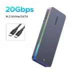 UGREEN 25665 RGB dual-protocol M.2 NVMe and SATA SSD enclosure with thermal fins and high-speed USB-C connectivity