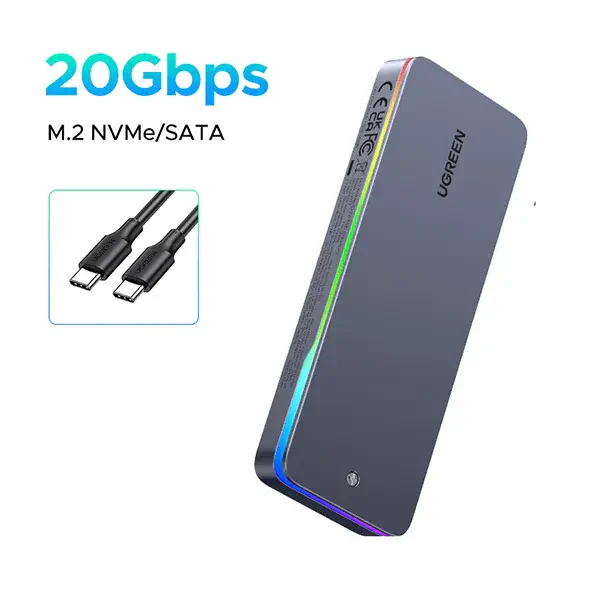 UGREEN 25665 RGB dual-protocol M.2 NVMe and SATA SSD enclosure with thermal fins and high-speed USB-C connectivity