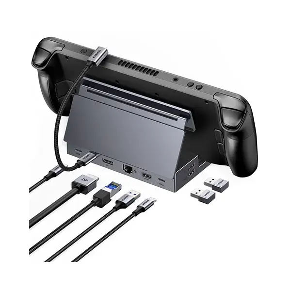 UGREEN 55733 USB-C Hub premium high capacity heavy duty 9-in-1 portable 4K HDMI fast charging laptop docking station block showing clean Space Gray aluminum minimalist housing body layout with terminal input port slots view]