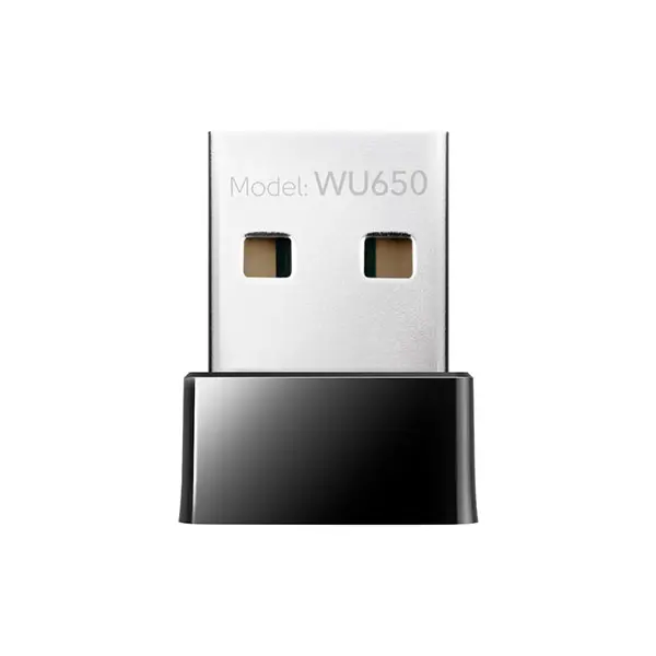 Cudy WU650 AC650 Dual-Band USB Wi-Fi adapter showing its tiny, compact form factor and clear branding, perfect for discreet laptop and desktop upgrades