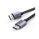 UGREEN 25903 DisplayPort 1.4 8K Male to Male 1m Cable showing its premium dark gray aluminum alloy connector shells with embedded spring release clips, gold-plated DP plugs, and a tight black and gray nylon braided round cord configuration