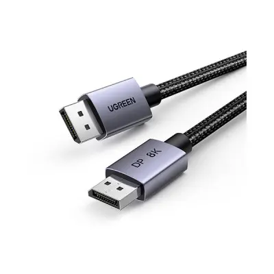 UGREEN 25903 DisplayPort 1.4 8K Male to Male 1m Cable showing its premium dark gray aluminum alloy connector shells with embedded spring release clips, gold-plated DP plugs, and a tight black and gray nylon braided round cord configuration