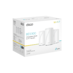 TP-Link Deco BE11000 Tri-Band Wi-Fi 7 mesh system unit in sleek modern design showing internal antenna layout, multi-gigabit ports, and status LED indicator