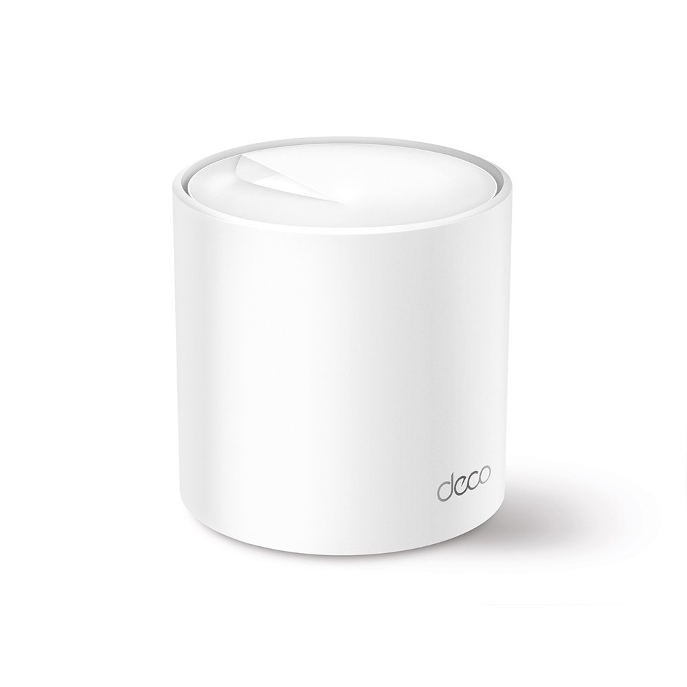 TP-Link Deco AX5400 Whole Home Mesh Wi-Fi 6 system unit in sleek cylindrical white finish showing internal antenna layout, gigabit ports, and status LED indicator