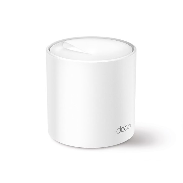 TP-Link Deco AX3000 Whole Home Mesh Wi-Fi 6 system unit in sleek cylindrical white finish showing internal antenna layout, triple gigabit ports, and status LED indicator