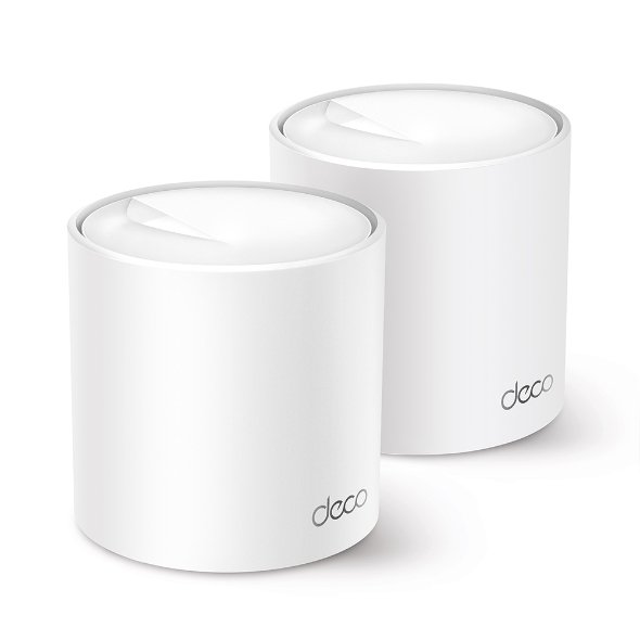 TP-Link Deco AX5400 Whole Home Mesh Wi-Fi 6 system unit in sleek cylindrical white finish showing internal antenna layout, gigabit ports, and status LED indicator