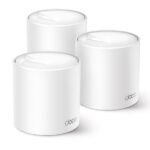 TP-Link Deco AX3000 Whole Home Mesh Wi-Fi 6 system unit in sleek cylindrical white finish showing internal antenna layout, triple gigabit ports, and status LED indicator