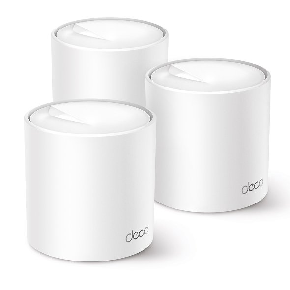 TP-Link Deco AX3000 Whole Home Mesh Wi-Fi 6 system unit in sleek cylindrical white finish showing internal antenna layout, triple gigabit ports, and status LED indicator