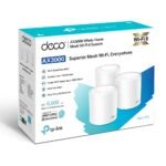 TP-Link Deco AX3000 Whole Home Mesh Wi-Fi 6 system unit in sleek cylindrical white finish showing internal antenna layout, triple gigabit ports, and status LED indicator