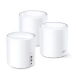 TP-Link Deco AX5400 Whole Home Mesh Wi-Fi 6 system unit in sleek cylindrical white finish showing internal antenna layout, gigabit ports, and status LED indicator