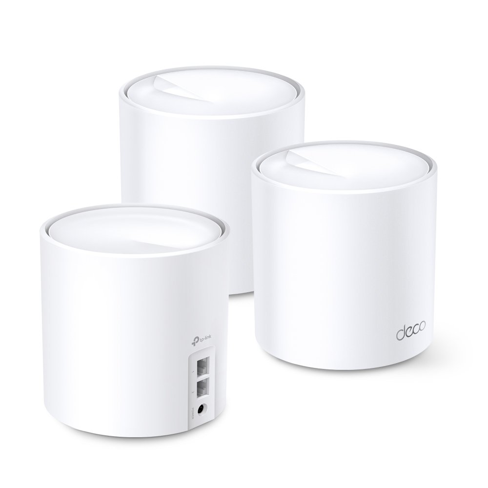 TP-Link Deco AX5400 Whole Home Mesh Wi-Fi 6 system unit in sleek cylindrical white finish showing internal antenna layout, gigabit ports, and status LED indicator