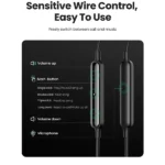UGREEN EP103 30637 Wired In-Ear Earphones in sleek matte black finish, showing the 3.5mm gold-plated headphone jack, the capsule inline mic remote, and matching replacement silicone ear tips