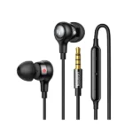 UGREEN EP103 30637 Wired In-Ear Earphones in sleek matte black finish, showing the 3.5mm gold-plated headphone jack, the capsule inline mic remote, and matching replacement silicone ear tips