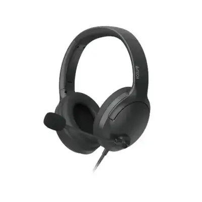 A4TECH FH-280U USB Headphone in matte black showcasing its large cushioned over-ear cups, integrated noise-canceling microphone with a foam pop filter, and durable USB cable connection