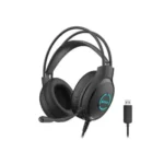 A4TECH FH-300U USB Headphone in matte black showcasing its large cushioned over-ear cups, integrated single-directional noise-canceling microphone, and distinctive glowing blue LED ring on the outer shell