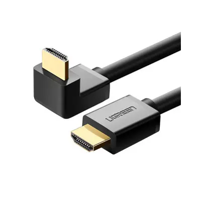 UGREEN 10173 High-Speed HDMI 2.0 2m Cable showing its specialized molded black connector shells, featuring one standard straight terminal pin and one 90-degree right-angle L-shaped elbow plug with 24K gold-plated connectors and a durable round black PVC cord body configuration