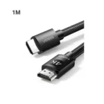 UGREEN 30999 4K High-Speed Braided HDMI 1m Cable showing its premium black double-woven cotton exterior sleeve layout, heavy-duty molded strain-relief boots, and standard HDMI Type-A connector terminals
