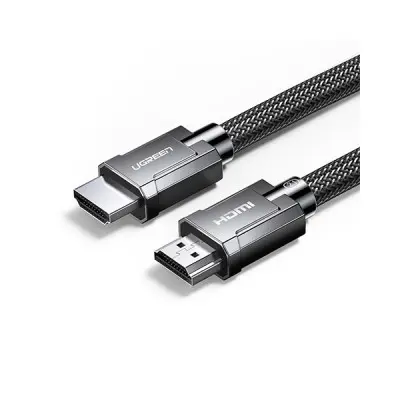 UGREEN 70319 Ultra High-Speed 8K Braided HDMI 1m Cable showing its premium round Space Gray double-woven nylon jacket layout, durable aluminum alloy connection shells, and gold-plated HDMI Type-A connector pins