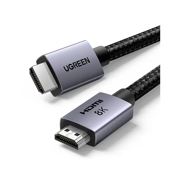 UGREEN 25908 Ultra High-Speed 8K Braided HDMI 1m Cable with a space gray aluminum alloy shell, black-gray nylon jacket, and standard HDMI Type-A male connectors