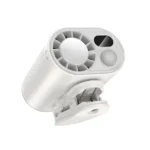 HOCO HX609 Portable Clip On Fan in white showcasing its premium turbine ventilation grille layout mechanical adjustment wheel knob and digital battery display window