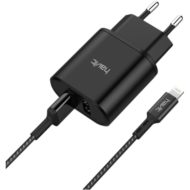 Havit_2_In_1_Usb_Charge_Kit_With_Usb_To_-Havit-de68a-313307 (1) Havit ST822 2.1A Charger with Lightning Cable Price in BD - Front view of sleek black Havit ST822 2.1A dual USB charger adapter with USB to Lightning cable