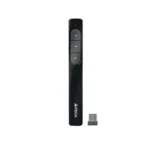 A4TECH LP15 2.4G wireless presenter in matte black finish, showcasing its pen-style ergonomic chassis, easy-access navigation buttons, red laser activation trigger, and its compact USB nano receiver dongle