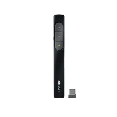 A4TECH LP15 2.4G wireless presenter in matte black finish, showcasing its pen-style ergonomic chassis, easy-access navigation buttons, red laser activation trigger, and its compact USB nano receiver dongle