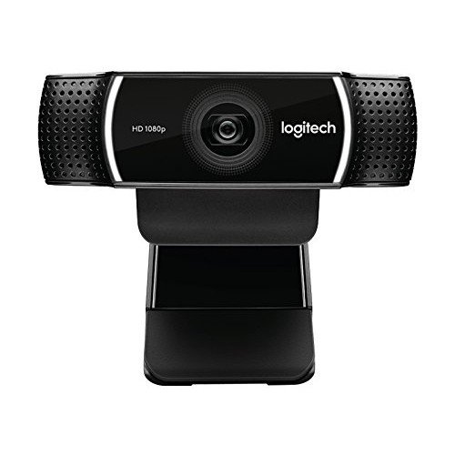 Logitech C922 Pro-1-500x500 Logitech C922 Pro HD Stream webcam highlighting its sleek black rectangular casing premium glass central lens element and side mesh texture stereo microphone wings mounted on a monitor clip stand lines