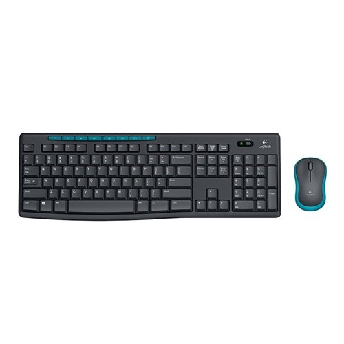 Logitech MK275 Combo premium wireless full size black desktop membrane keyboard featuring eight distinct teal blue multimedia shortcut hotkeys alongside its matching compact contoured optical tracking mouse