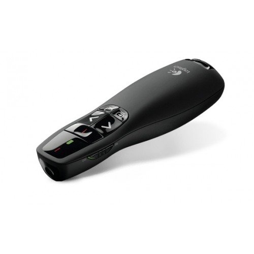 Logitech R400 wireless presenter showcasing its matte black contoured handheld casing tactile slide navigation buttons bright red laser pointer aperture light and green battery status LED indicator panel