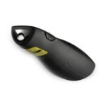 Logitech R400 wireless presenter showcasing its matte black contoured handheld casing tactile slide navigation buttons bright red laser pointer aperture light and green battery status LED indicator panel