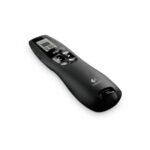 Logitech R800 wireless professional presenter showcasing its matte black contoured body integrated digital LCD countdown timer screen panel tactile slide navigation buttons and ultra bright green laser aperture light
