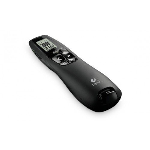 Logitech R800 wireless professional presenter showcasing its matte black contoured body integrated digital LCD countdown timer screen panel tactile slide navigation buttons and ultra bright green laser aperture light
