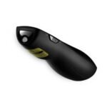 Logitech R800 wireless professional presenter showcasing its matte black contoured body integrated digital LCD countdown timer screen panel tactile slide navigation buttons and ultra bright green laser aperture light