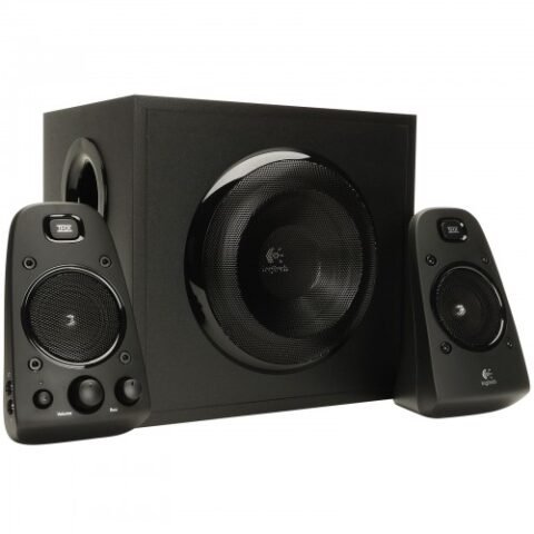 Logitech Z623 2.1 multimedia speaker system showing its premium THX certified twin satellite speakers with right ear master volume and bass adjustment dials next to a large heavy duty central wooden subwoofer unit lines