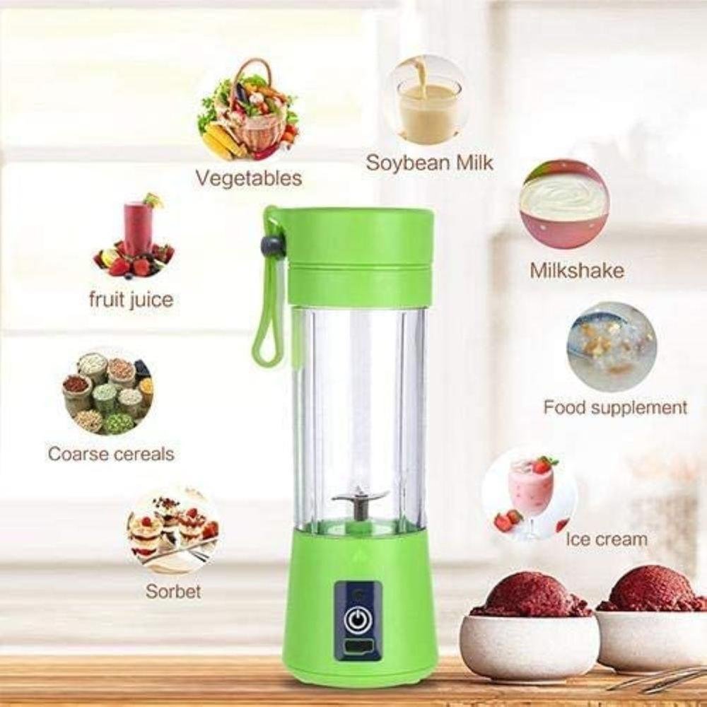 Portable Rechargeable Battery Juice Blender units lined up in multiple pastel colors showing clear mixing jars filled with sliced fruits integrated power buttons and travel carrying loops