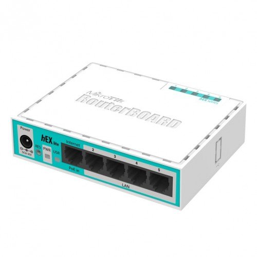 MikroTik hEX lite RB750R2 5-Port Ethernet Plastic Body Router in compact white casing showing multiple LAN ports and power connector