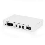 SKE POE 432P Mini DC UPS showing its premium minimalist white outer body case layout emphasizing the red SKE corporate logo text branding next to its black packaging retail box
