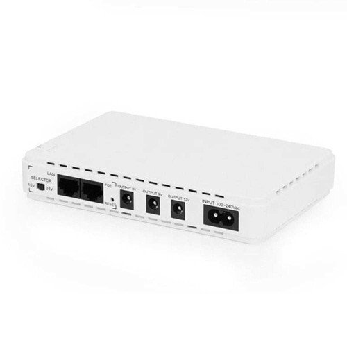 SKE POE 432P Mini DC UPS showing its premium minimalist white outer body case layout emphasizing the red SKE corporate logo text branding next to its black packaging retail box