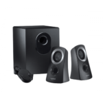 Logitech Z313 2.1 multimedia computer speaker system showing its twin compact satellite speakers, compact down firing wooden subwoofer unit, and integrated wired volume control pod module lines